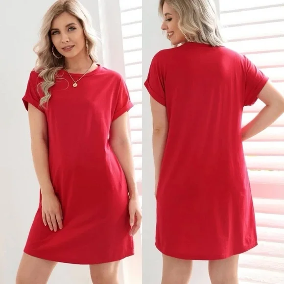 Rolled cuff short sleeve casual tee shirt dress black - Picture 3 of 5